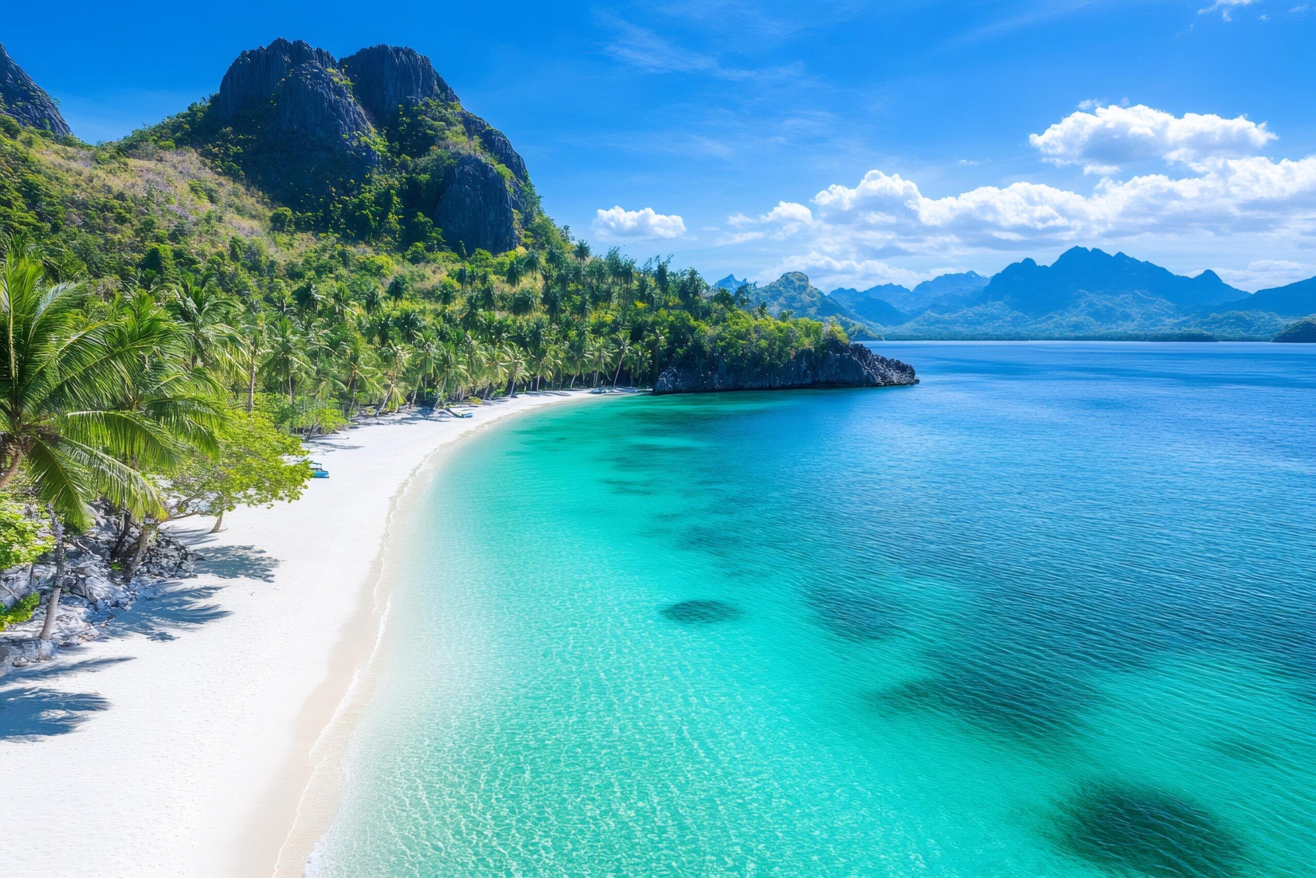 Home tropical white sand beach and turquoise water meeting lush green jungle in coron palawan philippines free photo